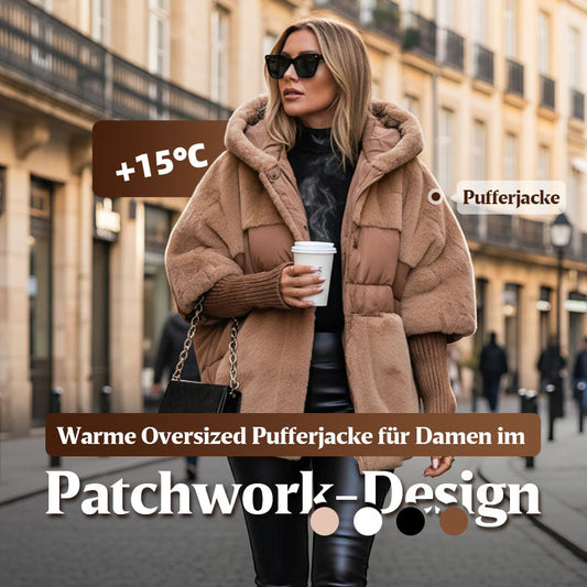 Damen Oversized Pufferjacke mit Kapuze im Patchwork-Design