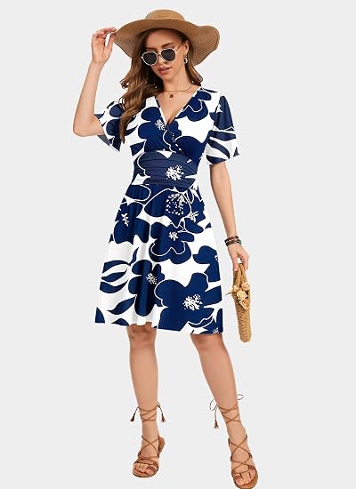 ⏰ 50 % RABATT – Nur für kurze Zeit 🌸 Damen Sommerkleid mit V-Ausschnitt ✨ Florales Muster, Rüschenärmel, Wickeloptik & Praktische Taschen