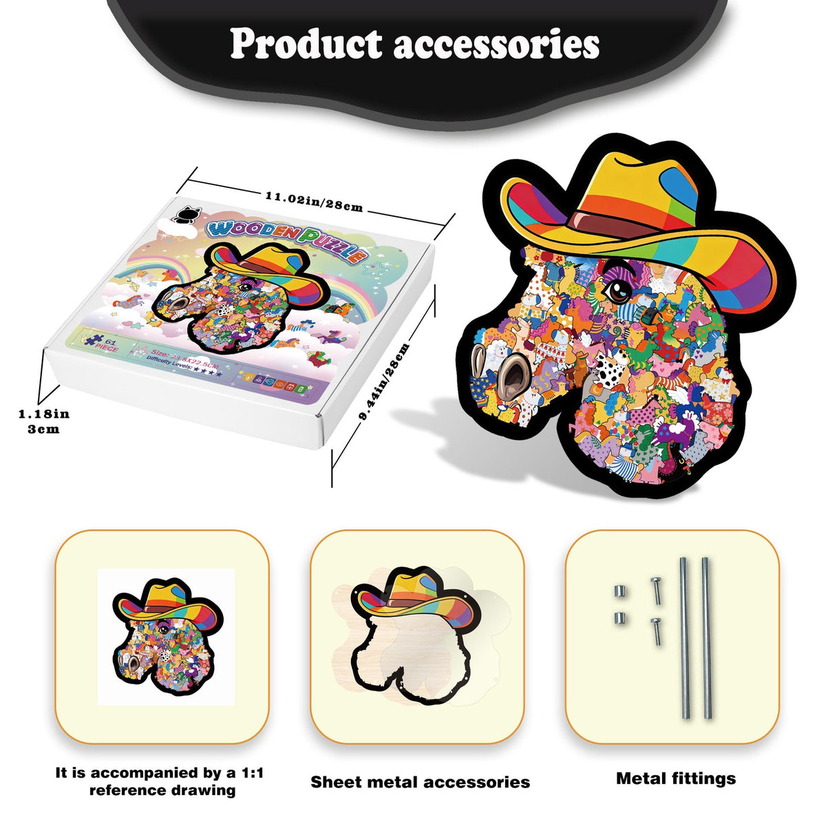 🦄🌈2026 Niedliches Puzzle-Set: Cowboyhut, Pony, Gerahmtes Stapelpuzzle, Unregelmäßig geformtes Holzpuzzle