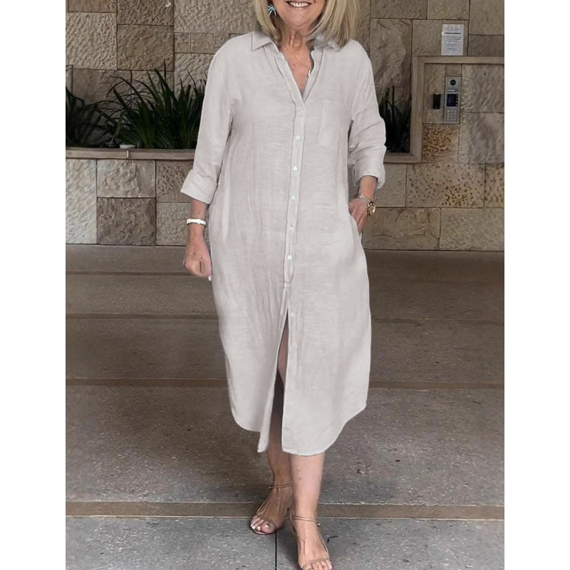Lässiges, weites, lange Hemdkleid für Damen aus Baumwolle und Leinen