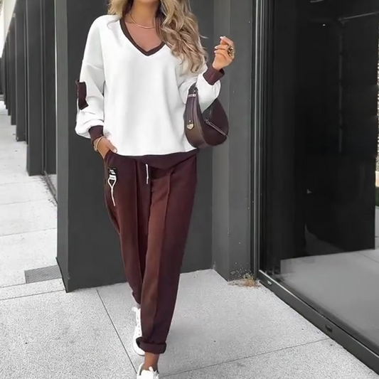 Farbblock-Pullover mit Kapuze und Jogginghose im Set