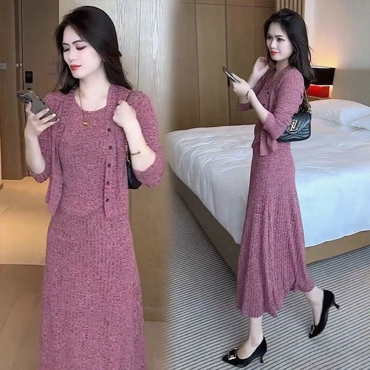 Damen 3-teiliger Strick-Set – Cardigan, Tanktop und Rock