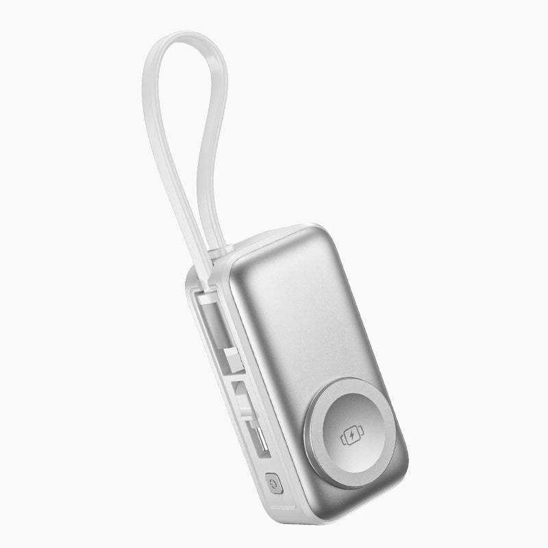 đâĄ3-in-1 Magnetische Mini Powerbank â Integrierte Kabel & Drehstecker â 5000 mAh â Kabelloses Laden fĂŒr iPhone, Watch & Android â Ultra kompakt
