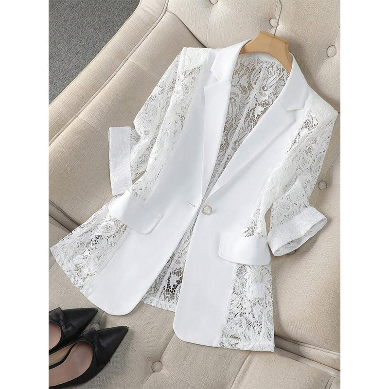 🌹 50 % RABATT JETZT! 🌹Weißer Spitzen-Blazer – Slim Fit, 3/4-Ärmel & Eleganz für Tag & Nacht – Leicht, luftig – perfekt für Hochzeiten, Büro oder besondere Abende 👑