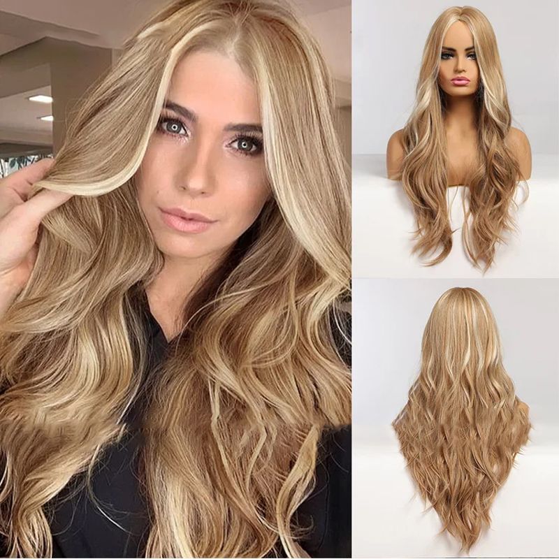 💇‍♀️28 Zoll lange, gewellte Perücken für Damen, wunderschöne, voluminöse Perücken ohne Pony, synthetische Lace-Front-Perücken für Partys und den Alltag, Perücken, die wie echtes Haar aussehen.
