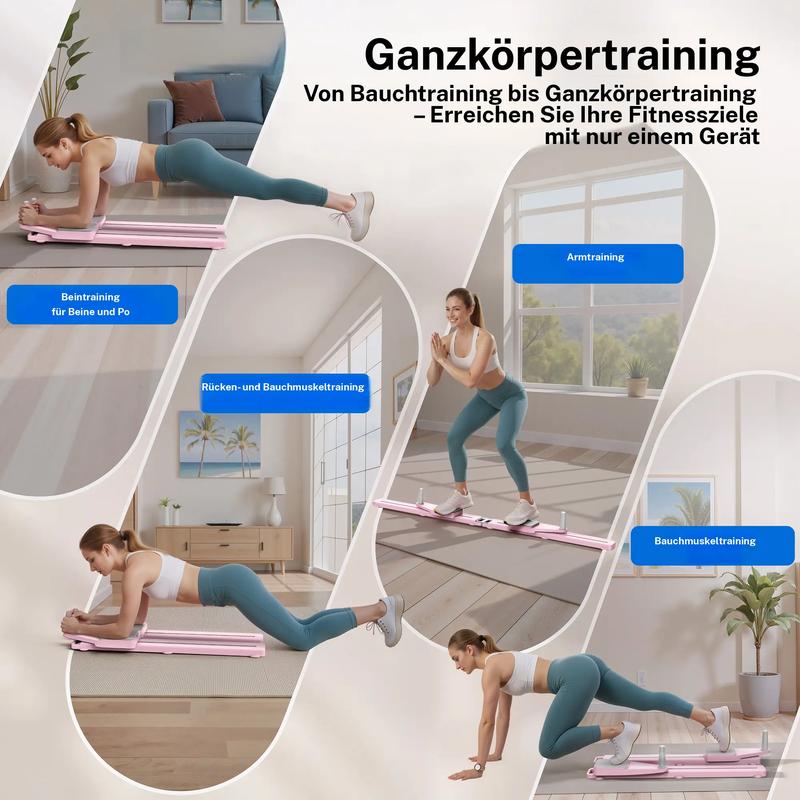 Multifunktions-Bauchtrainingsbrett faltbarer Pilates-Reformer mit Kniematte Timer & Widerstandsbändern für zu Hause Training Bauch Rücken Schultern Beine