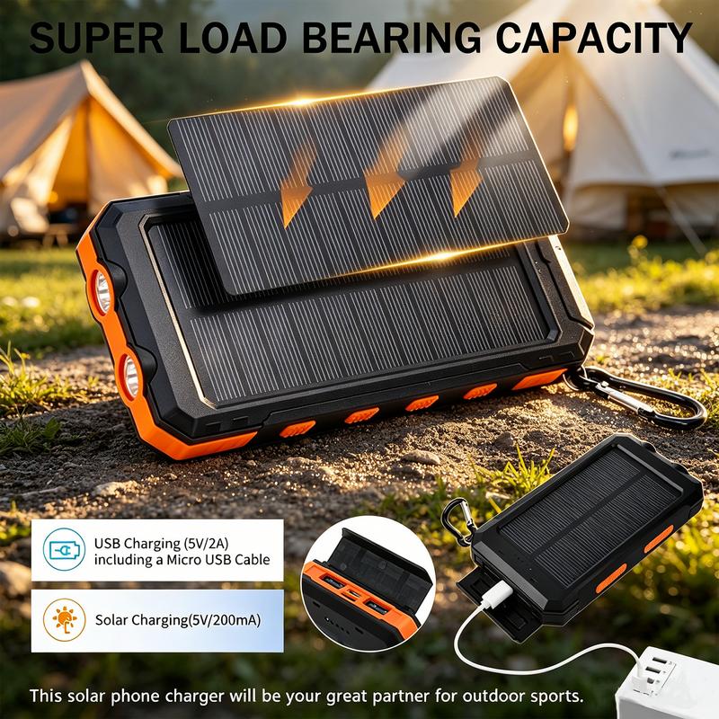 Tragbare Solar-Powerbank, Solar-Ladegerät mit zwei LED-Taschenlampen, Powerbank für Reisen und Camping
