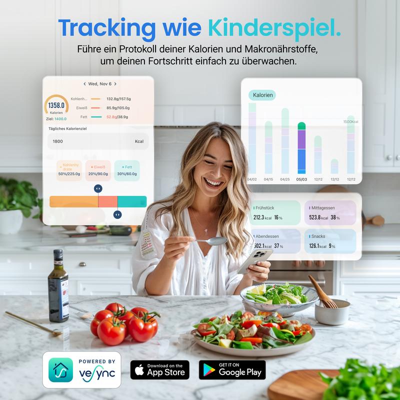 Küchenwaage digital mit Nährwertberechnung, Ernährungswaage App verfolgt 19 Nährstoffe, Kaloriendatenanalyse, 5kg Edelstahl-Lebensmittelwaage, geeignet für Gewichtsverlust
