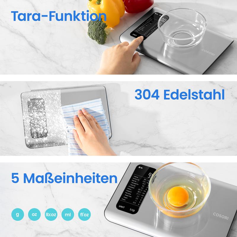 Küchenwaage digital mit Nährwertberechnung, Ernährungswaage App verfolgt 19 Nährstoffe, Kaloriendatenanalyse, 5kg Edelstahl-Lebensmittelwaage, geeignet für Gewichtsverlust