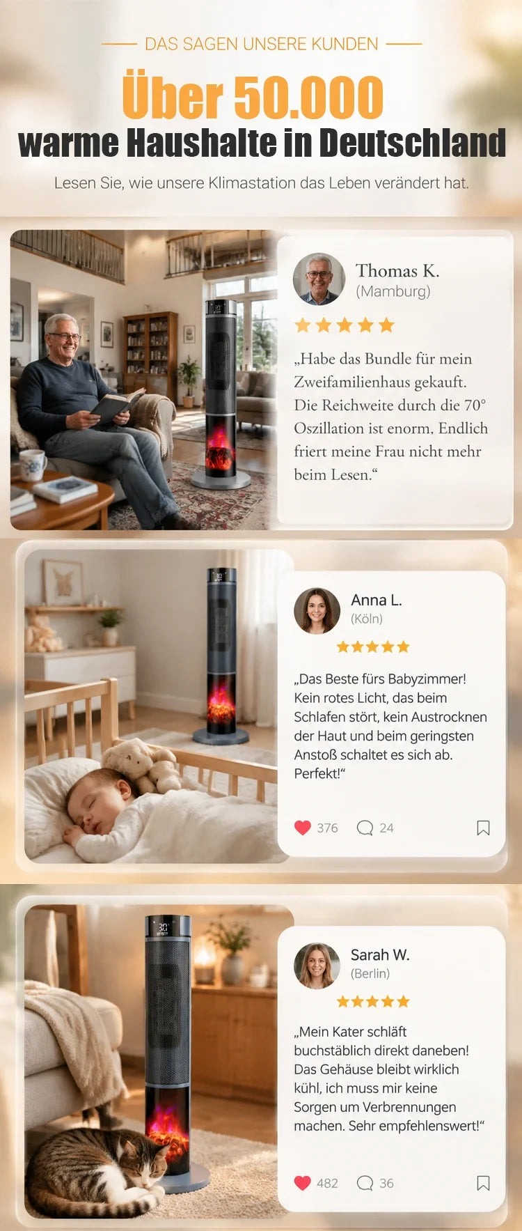 🔥[Nur 1 kWh pro Woche] Premium 3D-Kamin Heizlüfter | 3 Sek. Schnellheizung | A+++ KI-Energiesparmodus