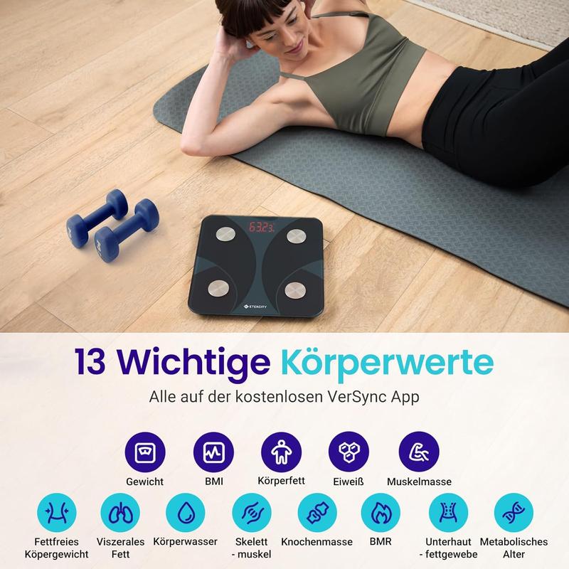 Personenwaage Körperfettwaage 180kg/0,05kg, Waage Personen mit APP, Bluetooth Körperwaage für13 Körperwerte, Personenwaage digital, Waage mit Körperfett und Muskelmasse, BMI, Protein