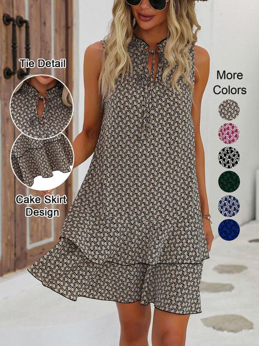 🎉Letzter Tag der Aktion: 50 % Rabatt 💃 Damenkleid mit Schleife und geometrischem Muster