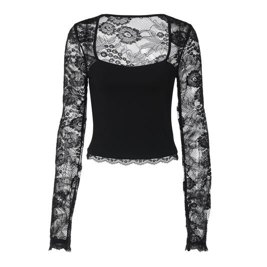 ✨🖤Einfarbiges Damen-T-Shirt mit Spitzenblumenmuster, gesplitteten Rüschen und transparenten Ärmeln