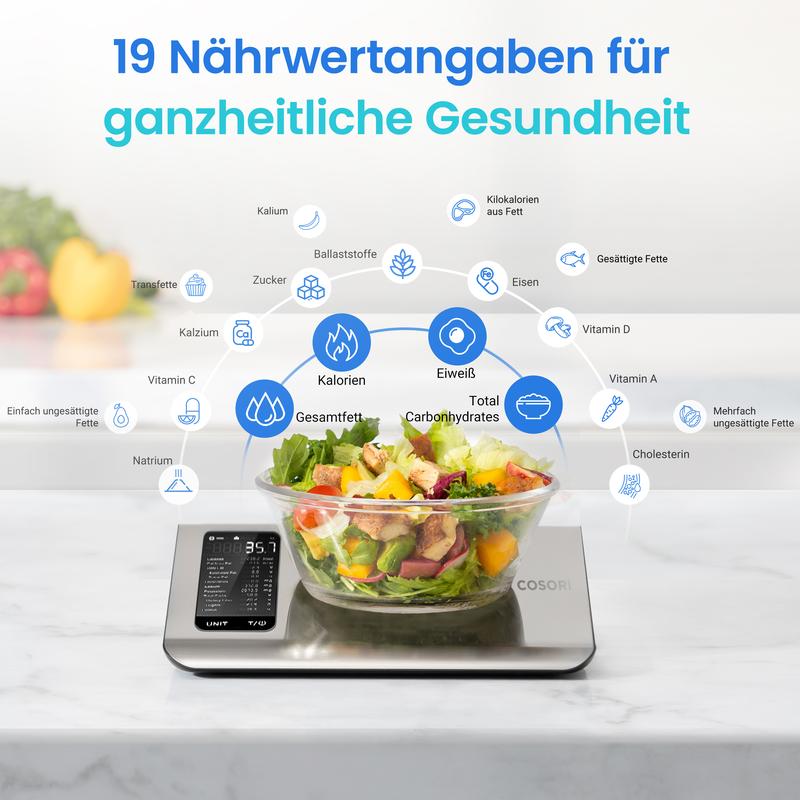 Küchenwaage digital mit Nährwertberechnung, Ernährungswaage App verfolgt 19 Nährstoffe, Kaloriendatenanalyse, 5kg Edelstahl-Lebensmittelwaage, geeignet für Gewichtsverlust