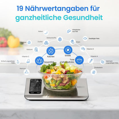 Küchenwaage digital mit Nährwertberechnung, Ernährungswaage App verfolgt 19 Nährstoffe, Kaloriendatenanalyse, 5kg Edelstahl-Lebensmittelwaage, geeignet für Gewichtsverlust