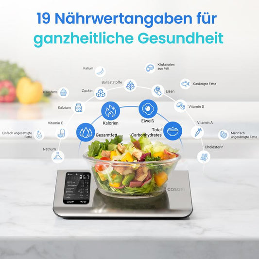 Küchenwaage digital mit Nährwertberechnung, Ernährungswaage App verfolgt 19 Nährstoffe, Kaloriendatenanalyse, 5kg Edelstahl-Lebensmittelwaage, geeignet für Gewichtsverlust
