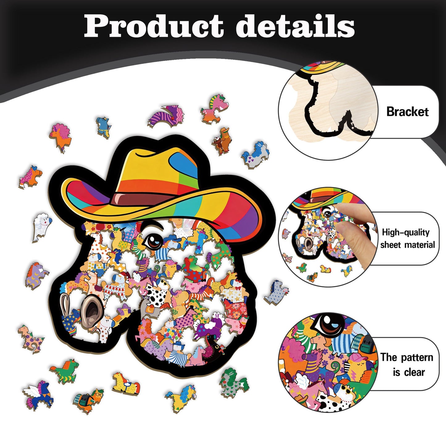 🦄🌈2026 Niedliches Puzzle-Set: Cowboyhut, Pony, Gerahmtes Stapelpuzzle, Unregelmäßig geformtes Holzpuzzle