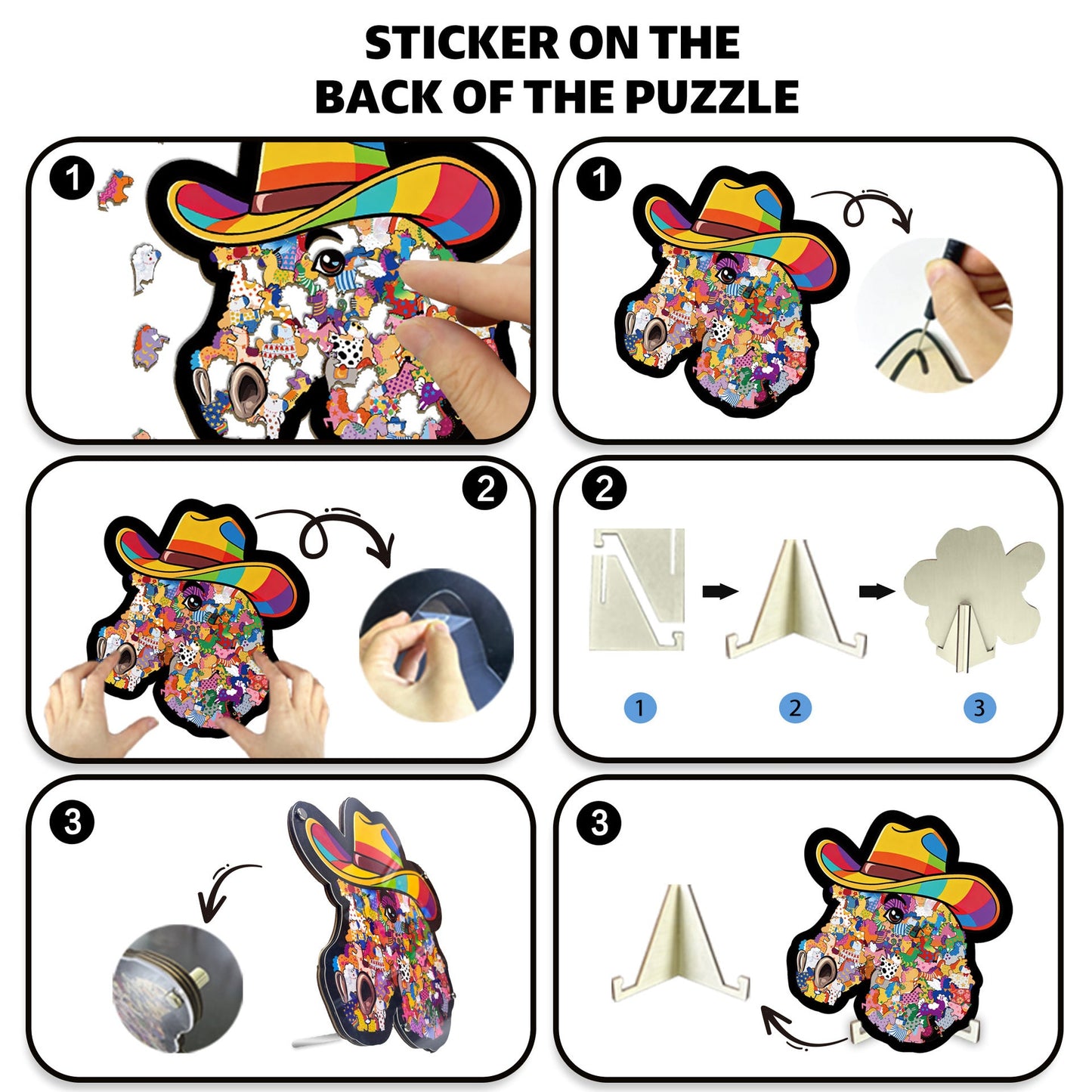 🦄🌈2026 Niedliches Puzzle-Set: Cowboyhut, Pony, Gerahmtes Stapelpuzzle, Unregelmäßig geformtes Holzpuzzle