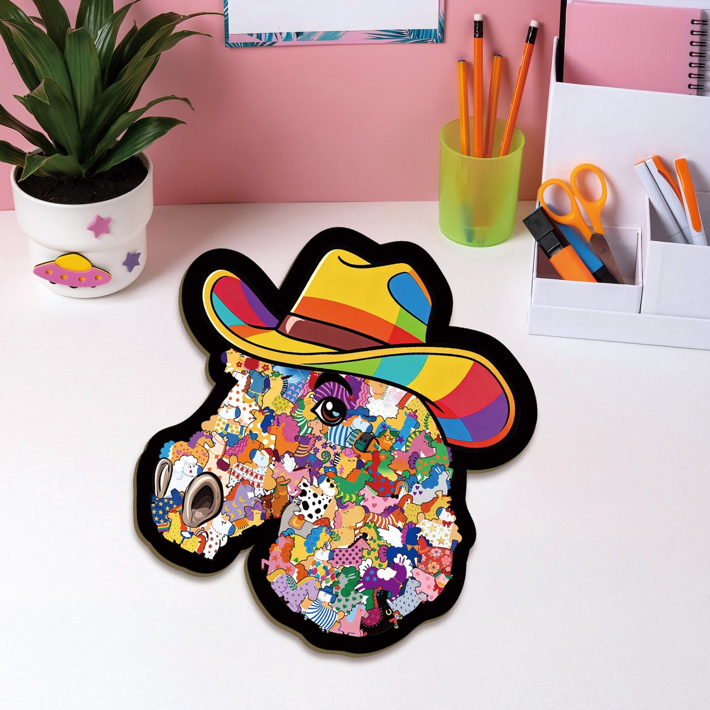 🦄🌈2026 Niedliches Puzzle-Set: Cowboyhut, Pony, Gerahmtes Stapelpuzzle, Unregelmäßig geformtes Holzpuzzle