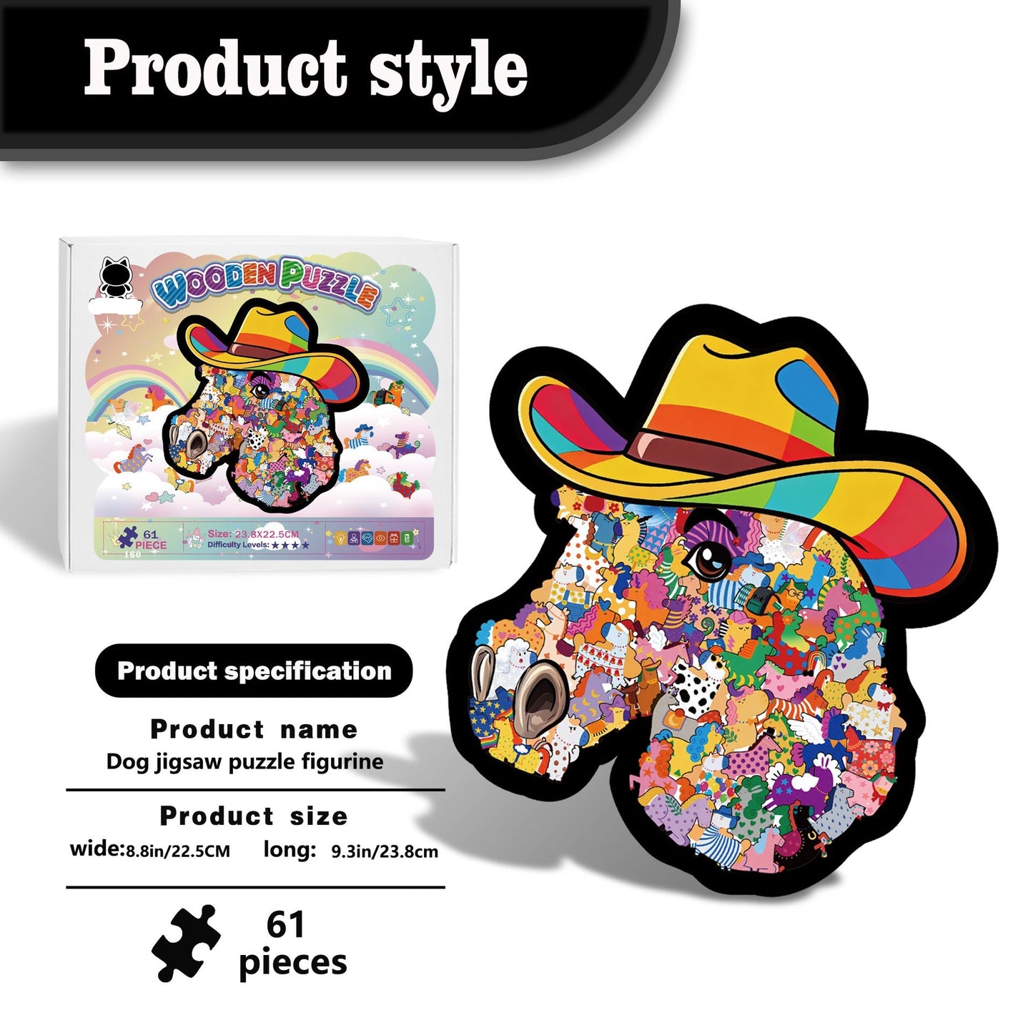 🦄🌈2026 Niedliches Puzzle-Set: Cowboyhut, Pony, Gerahmtes Stapelpuzzle, Unregelmäßig geformtes Holzpuzzle