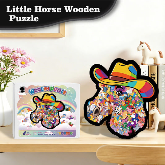 🦄🌈2026 Niedliches Puzzle-Set: Cowboyhut, Pony, Gerahmtes Stapelpuzzle, Unregelmäßig geformtes Holzpuzzle