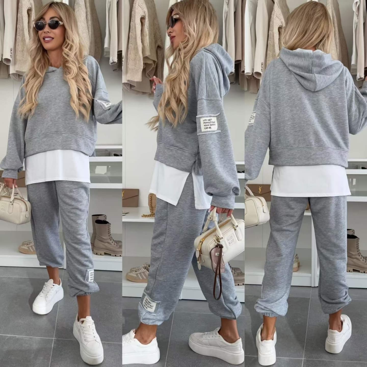 🍂KAUFE 2 UND ERHALTE KOSTENLOSEN VERSAND✨🩷Lässiger Sweatshirt-Anzug mit Kapuze und Patchwork für Damen
