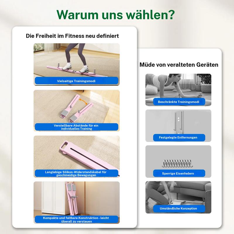 Multifunktions-Bauchtrainingsbrett faltbarer Pilates-Reformer mit Kniematte Timer & Widerstandsbändern für zu Hause Training Bauch Rücken Schultern Beine