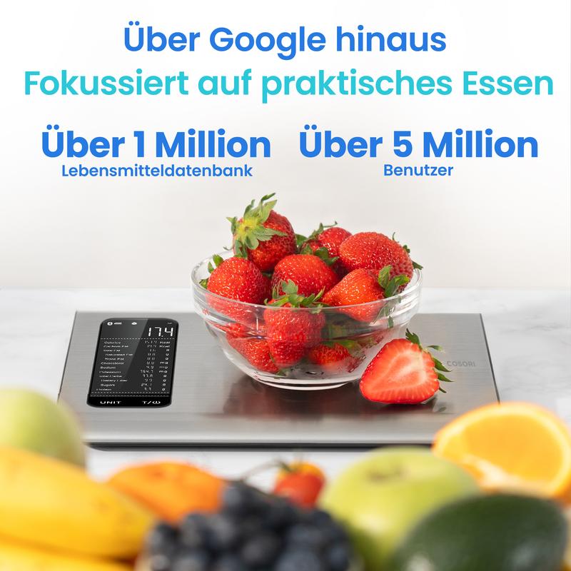 Küchenwaage digital mit Nährwertberechnung, Ernährungswaage App verfolgt 19 Nährstoffe, Kaloriendatenanalyse, 5kg Edelstahl-Lebensmittelwaage, geeignet für Gewichtsverlust