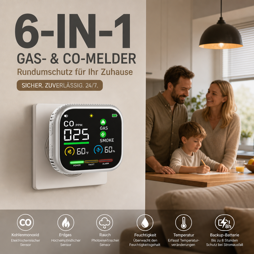 📢📢50 % Rabatt!!🏠✨Multigas‑Alarm mit LCD‑Display | CO‑, Gas‑ und Rauchmelder, Temperatur‑ und Luftfeuchtigkeitsüberwachung
