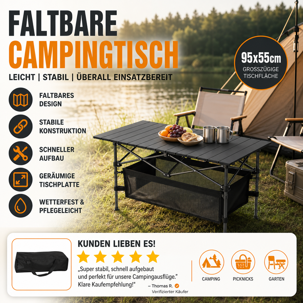 🏕️50% RABATT! 🪑 Tragbarer Campingtisch – Klappbar, stabil & schnell aufgebaut – Ideal für Camping, Picknick & Strand ☀️