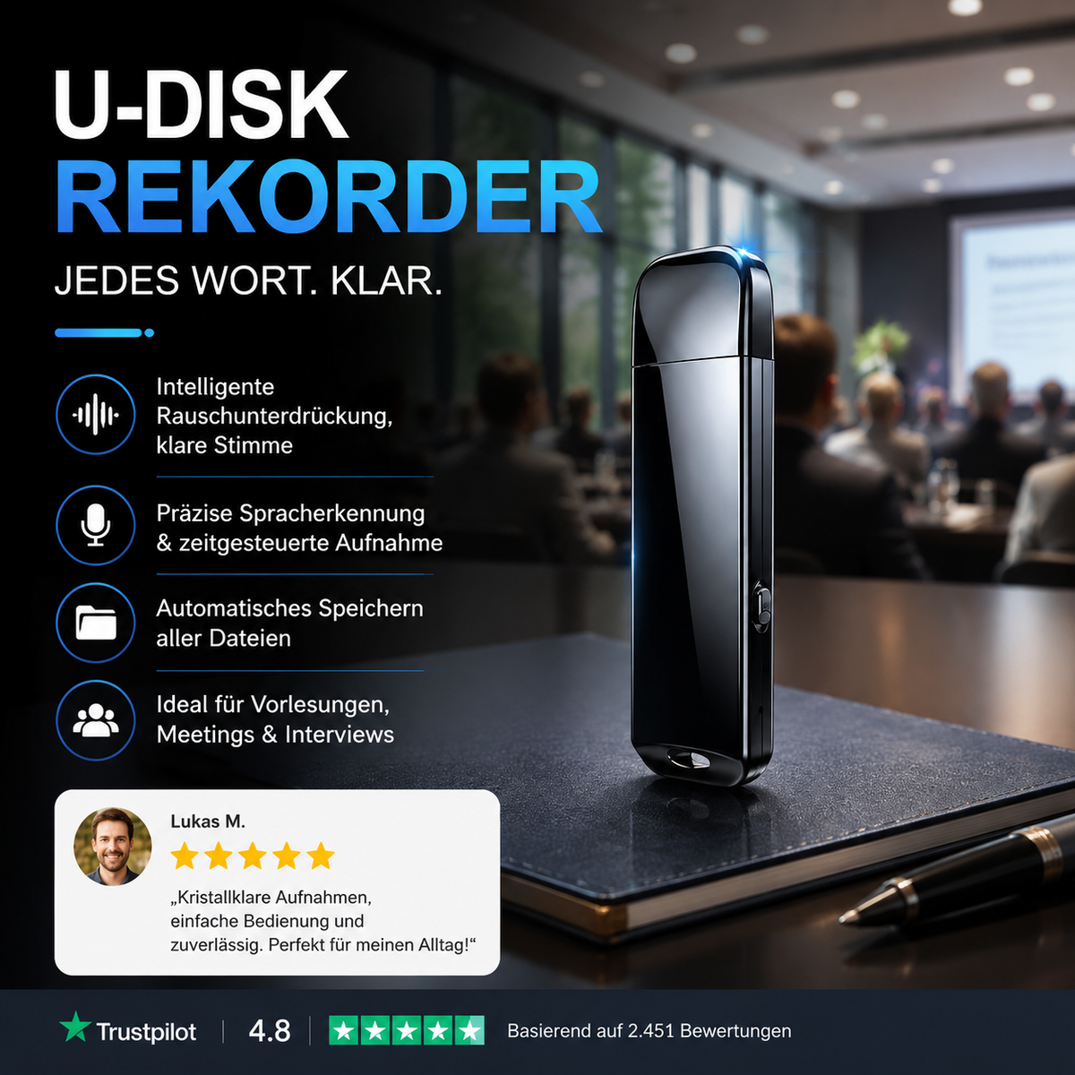【🚗Zeitlich begrenztes Angebot – 50% Rabatt!!】🔒Verschlüsselter USB-Diktierrekorder | Datenschutz & Rauschunterdrückung & Einfache Bedienung