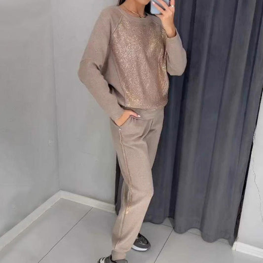 💕Damen Glitter Rhinestone Sweatshirt & Casual Hose 2-teiliges Set