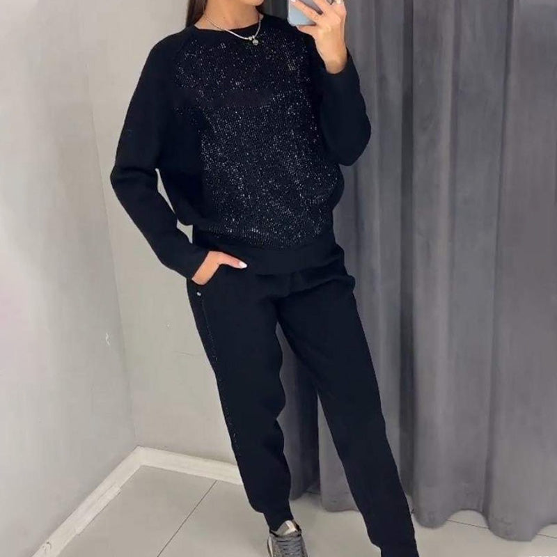 💕Damen Glitter Rhinestone Sweatshirt & Casual Hose 2-teiliges Set