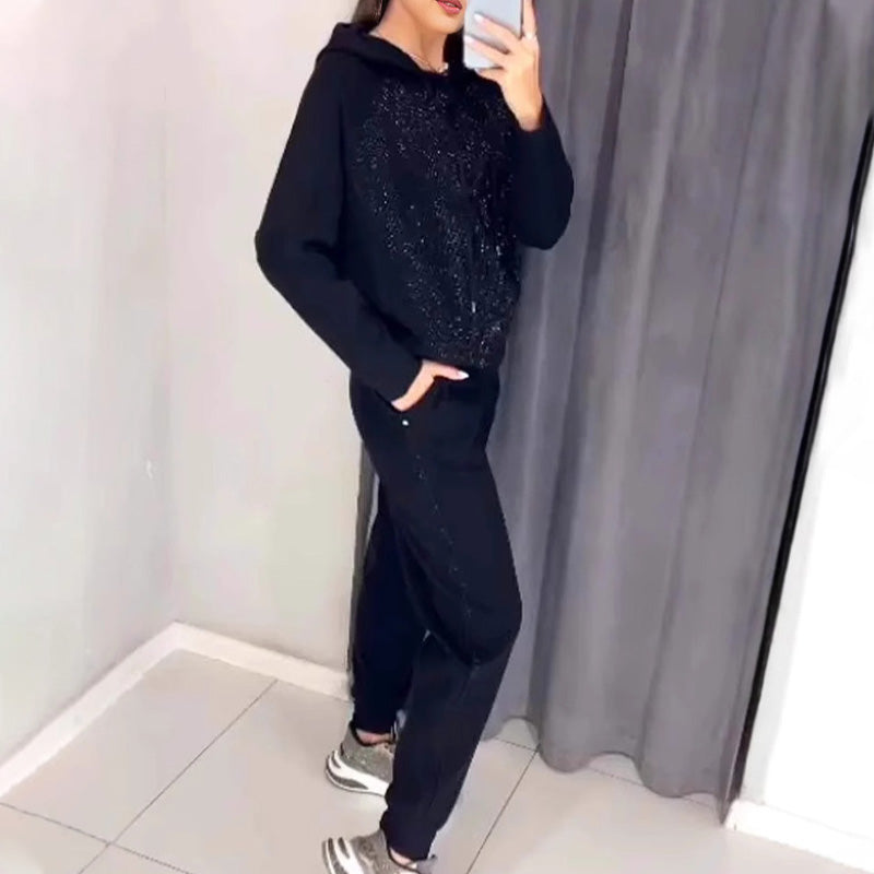 💕Damen Glitter Rhinestone Sweatshirt & Casual Hose 2-teiliges Set