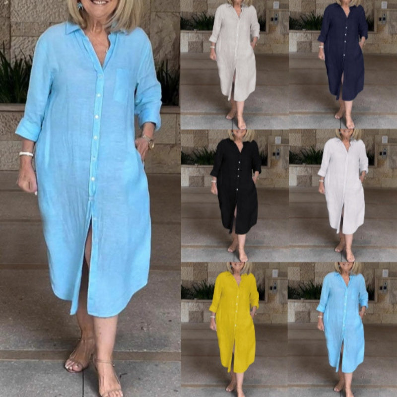 Lässiges, weites, lange Hemdkleid für Damen aus Baumwolle und Leinen