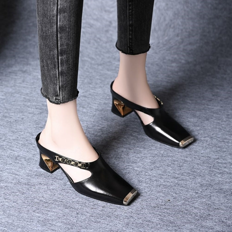 🌟Damen Casual Metall Quadratische Zehe Mittlerer Blockabsatz Mules