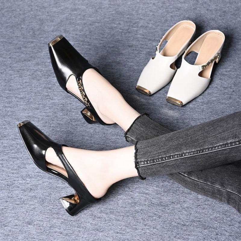 🌟Damen Casual Metall Quadratische Zehe Mittlerer Blockabsatz Mules