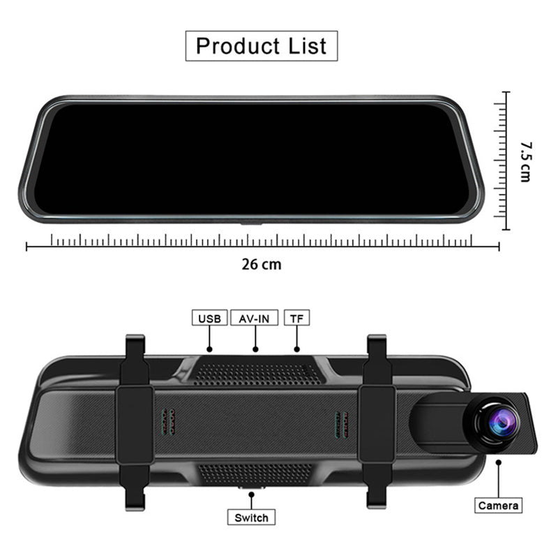 10" 1080P Rückspiegel-Dashcam - Nachtsicht & Parkmodus für Auto-DVR - Inkl. 64GB Speicherkarte