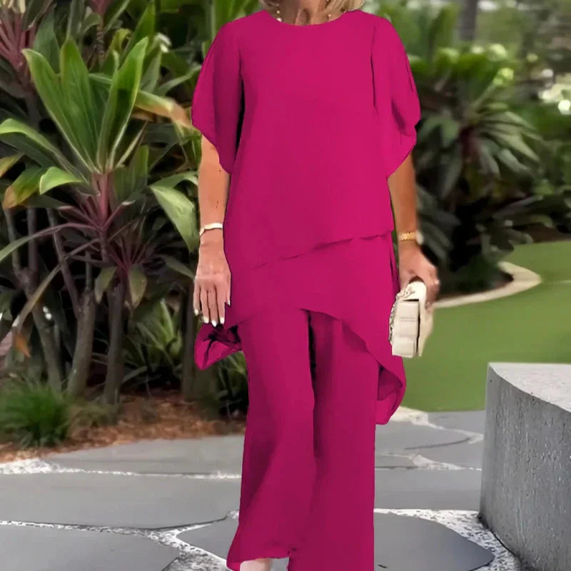 Damen-Zweiteiler: Charmantes asymmetrisches Top & Hose mit weitem Bein