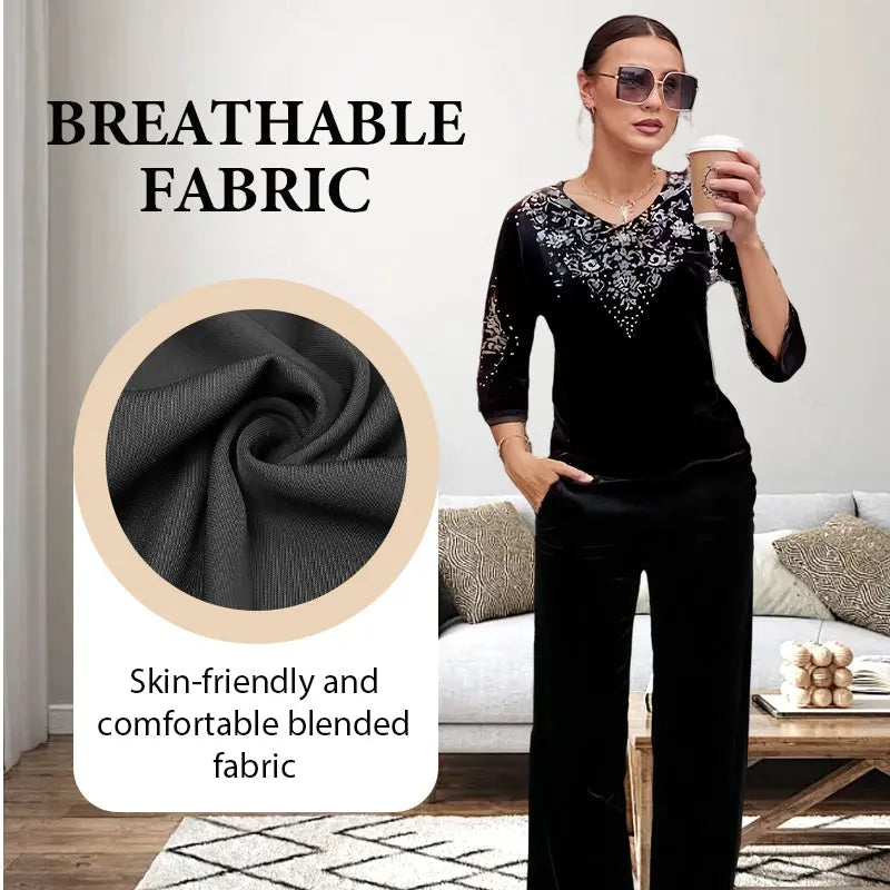 👗✨ Elegantes 2-teiliges Samt-Set mit Kristallverzierungen | Perfekt für Büro, Abendessen & Feiern | Atmungsaktiv & Bequem | In Übergrößen XL-4XL verfügbar 👗💎