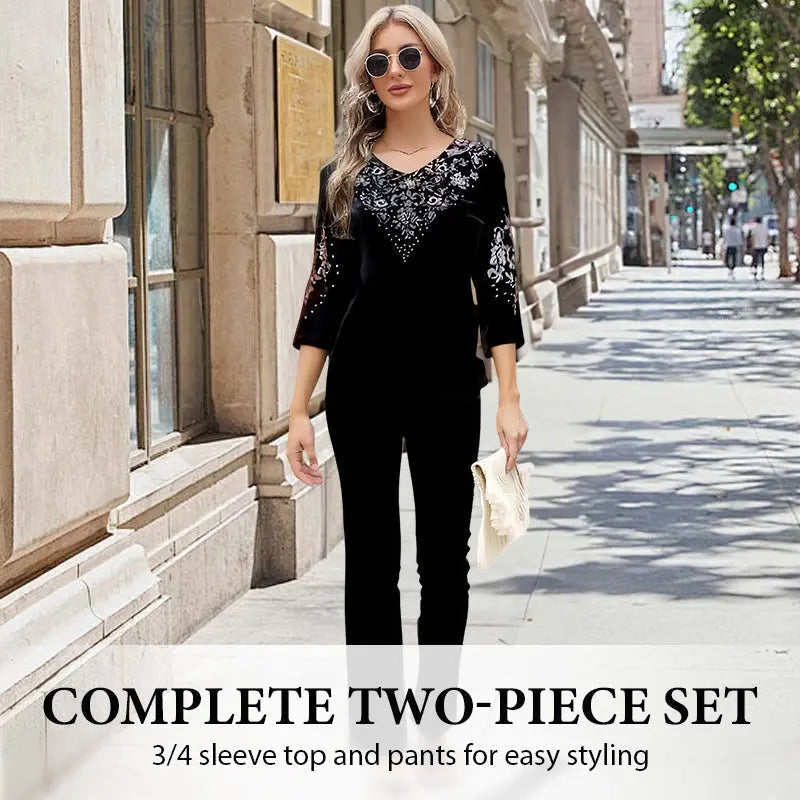 👗✨ Elegantes 2-teiliges Samt-Set mit Kristallverzierungen | Perfekt für Büro, Abendessen & Feiern | Atmungsaktiv & Bequem | In Übergrößen XL-4XL verfügbar 👗💎