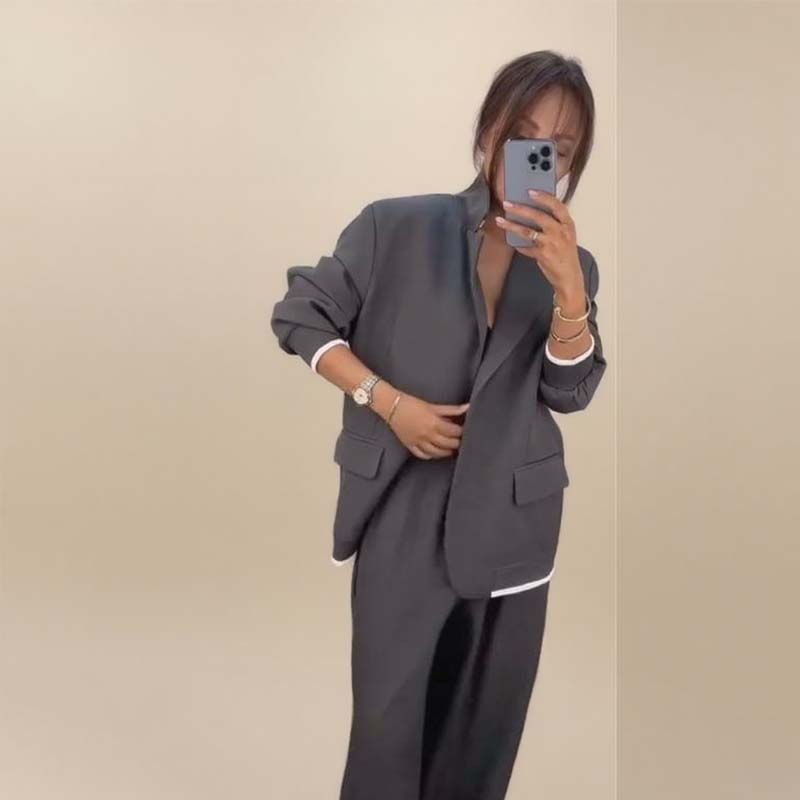 Damen-Zweiteiler: Blazer mit langen Ärmeln & Hose mit weitem Bein