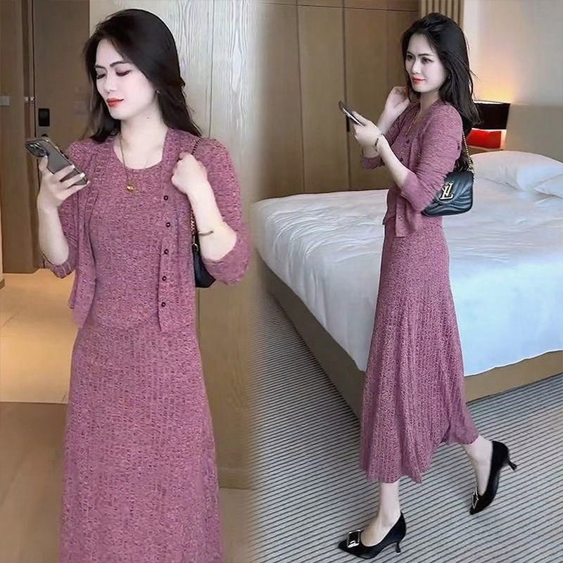 Damen 3-teiliger Strick-Set – Cardigan, Tanktop und Rock