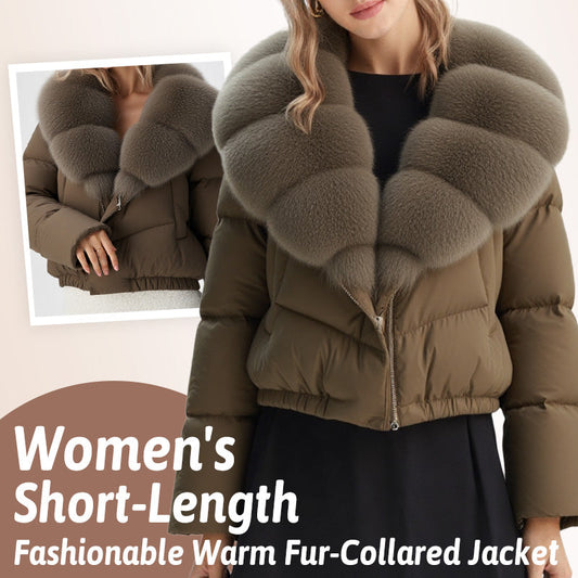 Modische, kurze Damenjacke mit warmem Pelzkragen (isländische weiße Entendaunen)