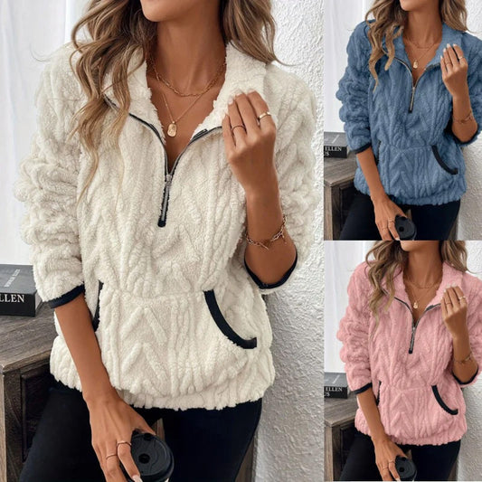 Sweatshirt mit flauschiger Tasche und halbem Reißverschluss