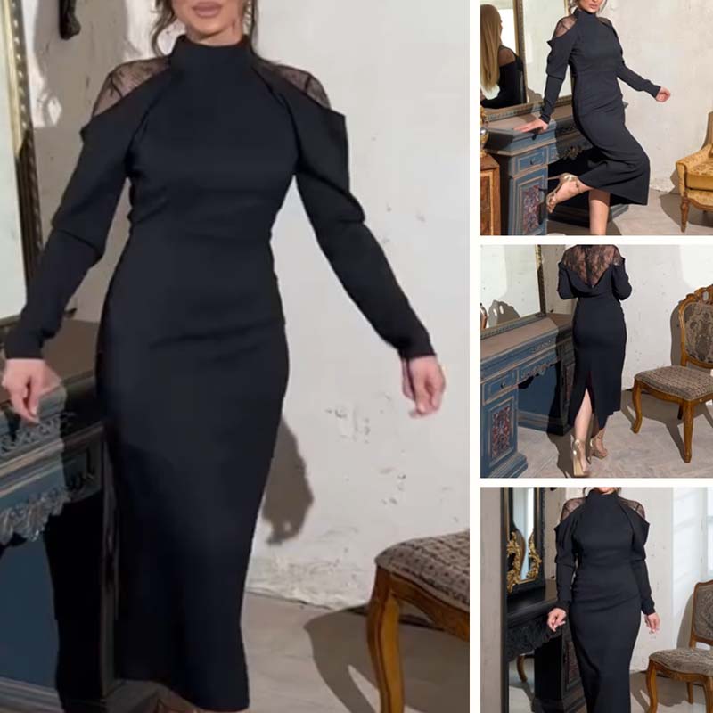 Damen elegantes Midikleid mit Stehkragen und Spitzen-Detail am Rücken