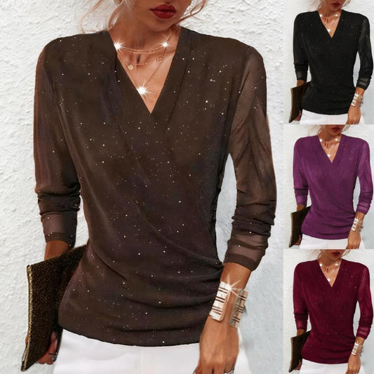 🔥Black Friday Mega-Ausverkauf  Hot Sale Offers-Women's Sparkle Crossover V-Neck Long Sleeve Top