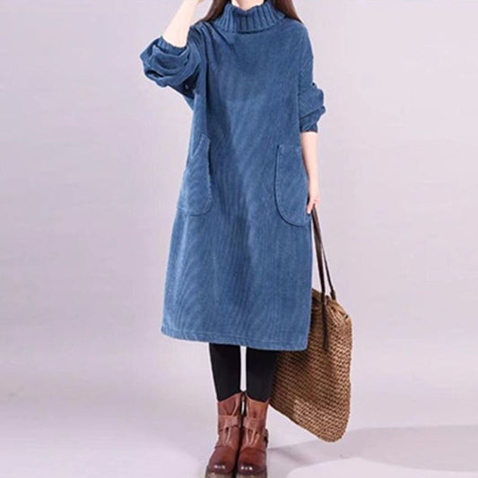 Hochgeschlossenes, lockeres Maxikleid aus Cord für Damen