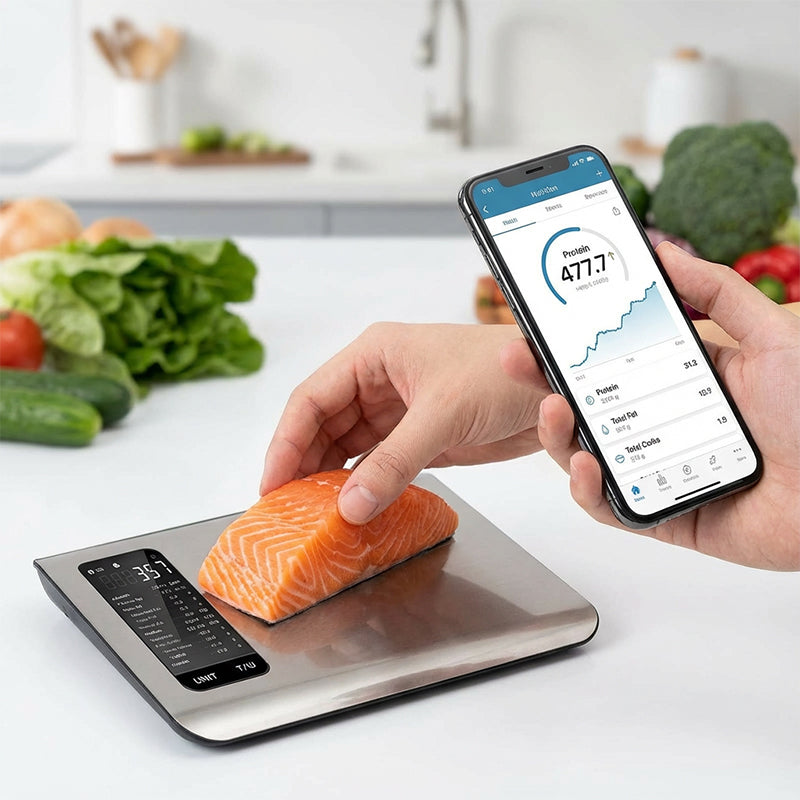 Küchenwaage digital mit Nährwertberechnung, Ernährungswaage App verfolgt 19 Nährstoffe, Kaloriendatenanalyse, 5kg Edelstahl-Lebensmittelwaage, geeignet für Gewichtsverlust