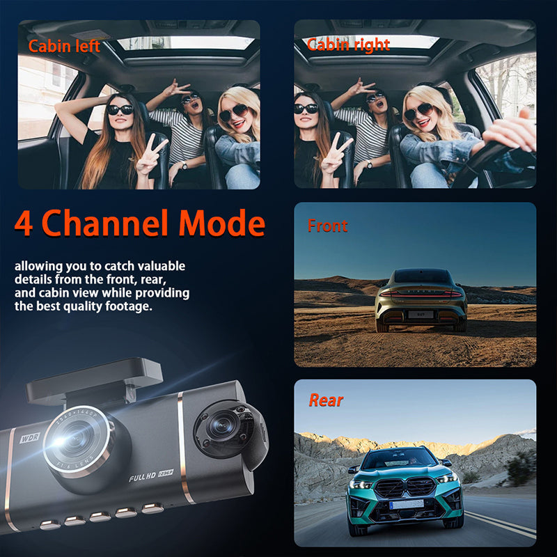 4-Channel HD Dashcam with Front Interior Rear Recording